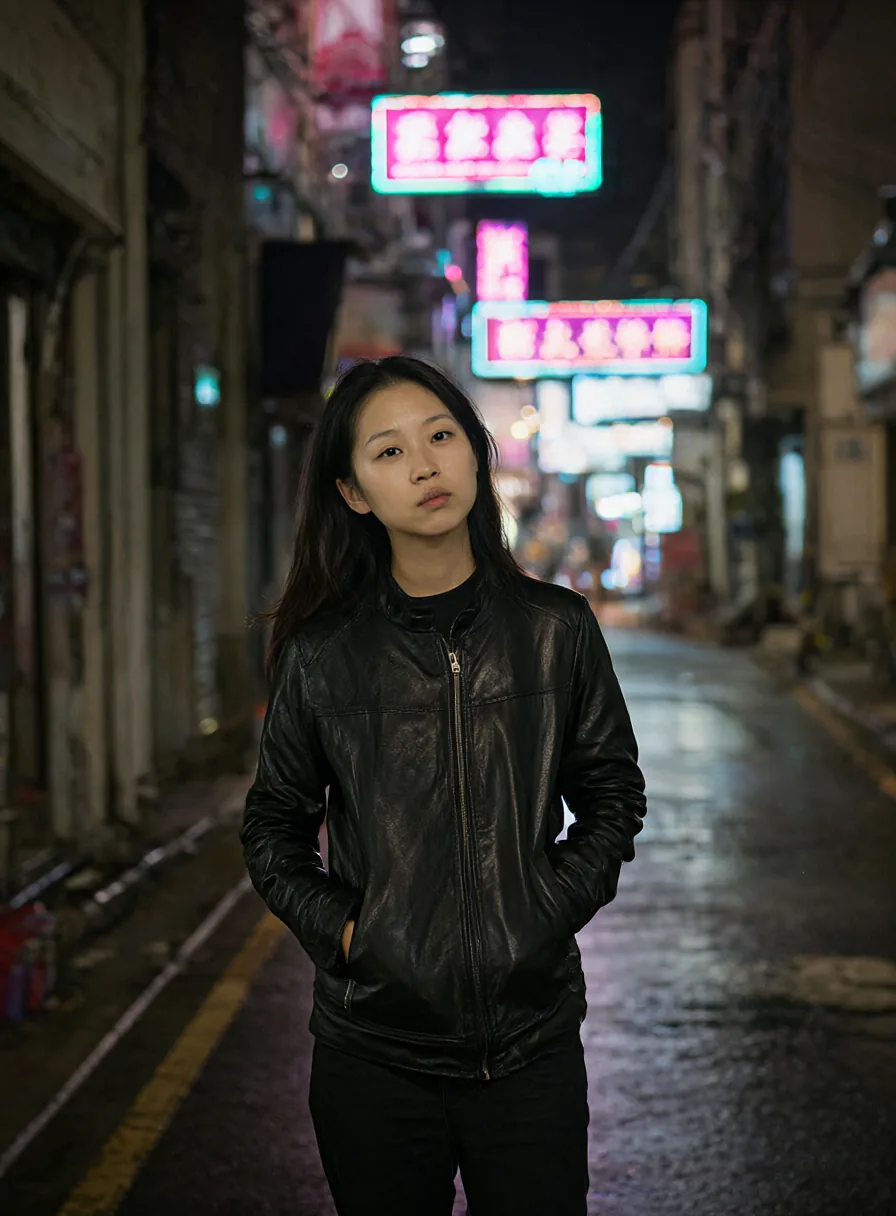夜巷中的年轻女性,霓虹虚化为粉青散景