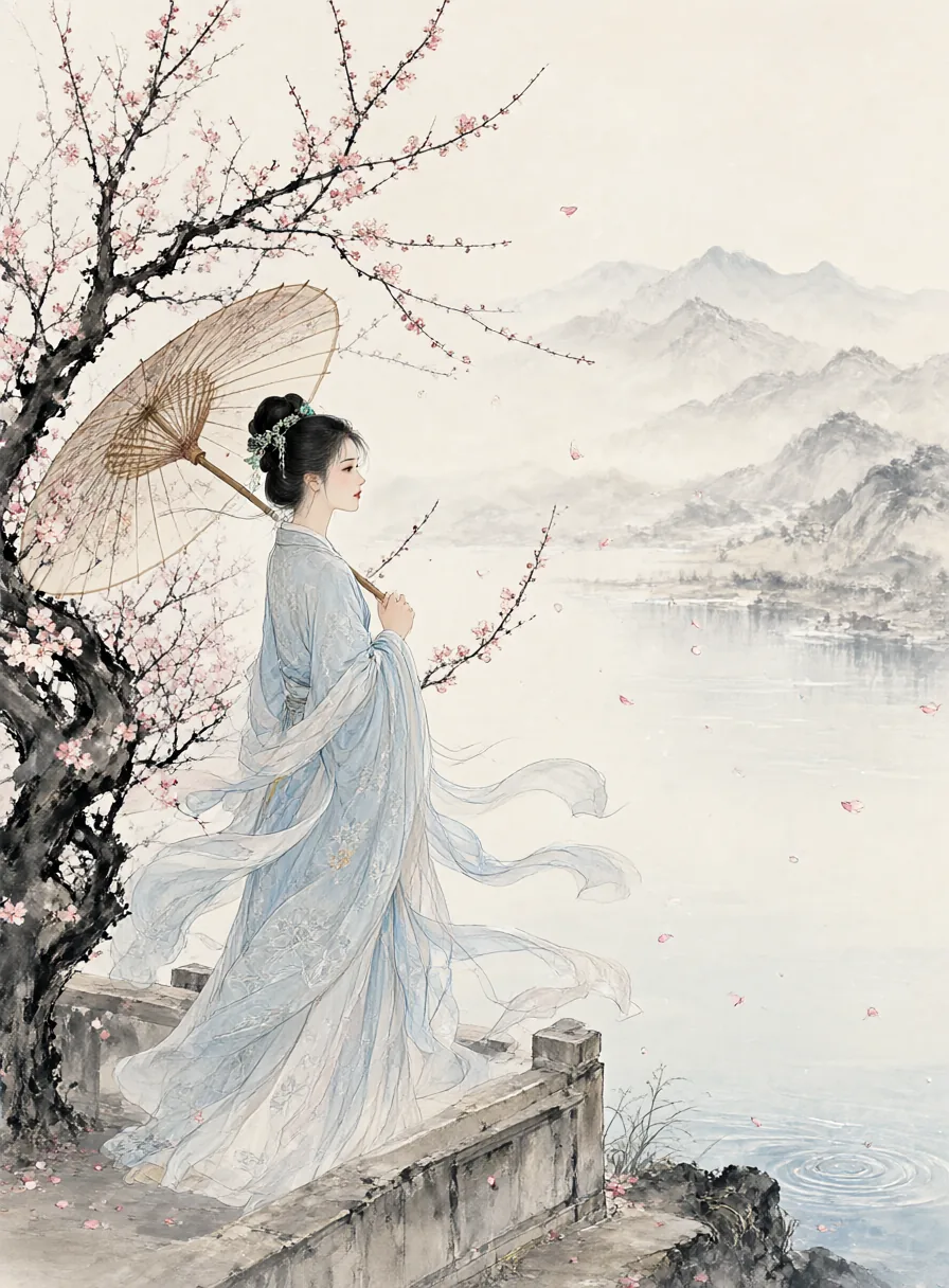 汉服少女与梅树水墨远山