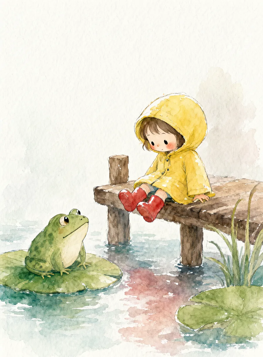 湿画法水彩绘本,黄雨衣女孩与青蛙