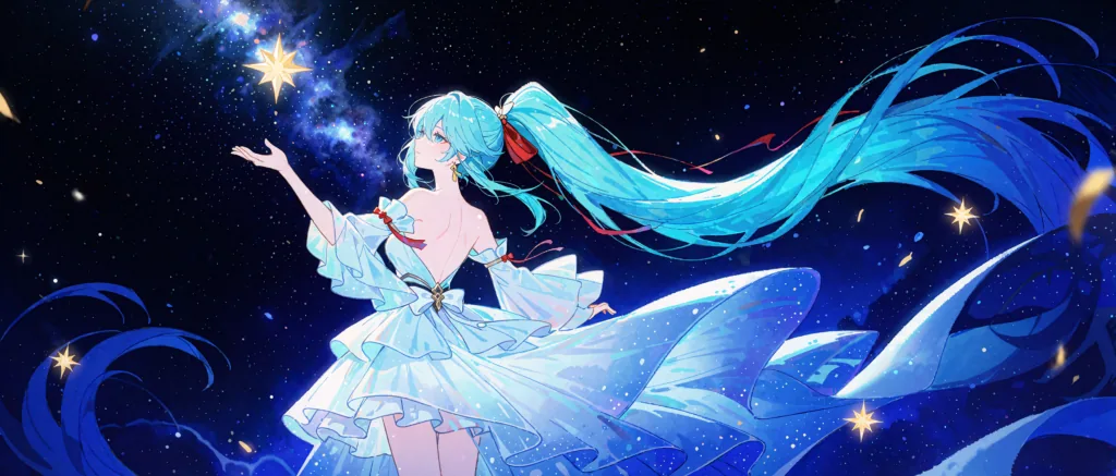 Lora 加超分之后的成图:初音未来立于星空之下,向发光的星辰伸手,白色礼服