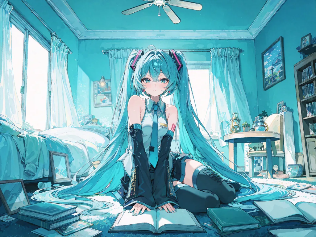 二采加超分后的成图:初音未来坐在蓝色房间地板上,面前摊开一本书,周围散落书本与相框