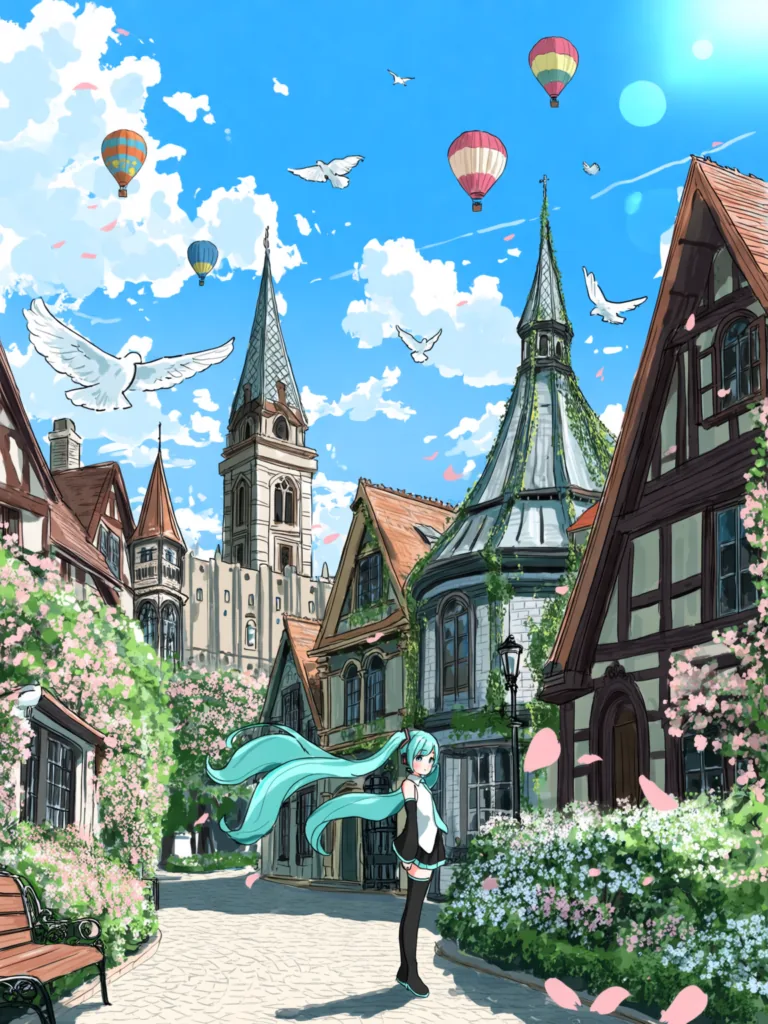 Anima 生成的初音未来立绘,欧式小镇街道场景,蓝天与热气球