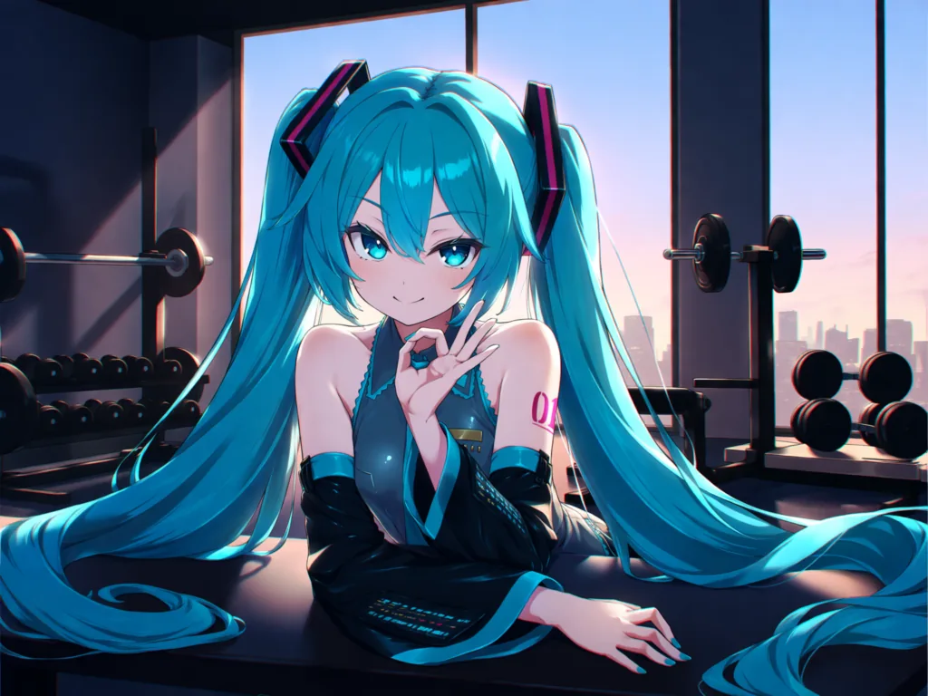 Anima 2.9b 生成的初音未来,健身房场景,蓝绿色双马尾,落地窗外是城市天际线