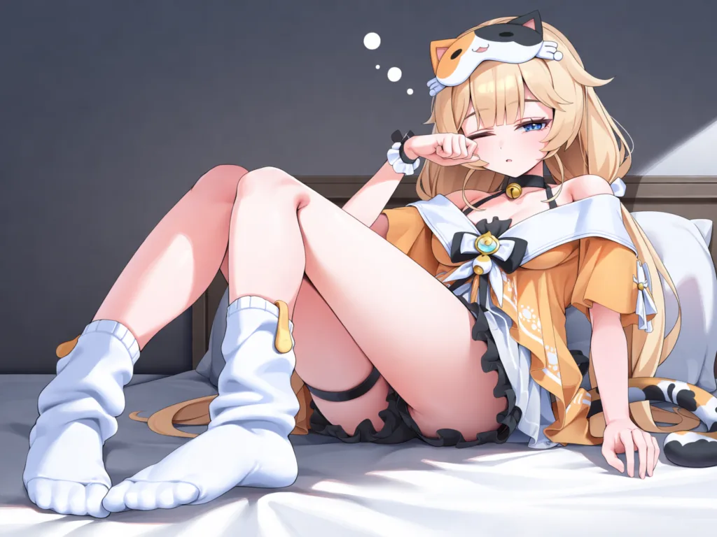 自训 Lora 生成的米雪儿,猫主题服装,坐在床上